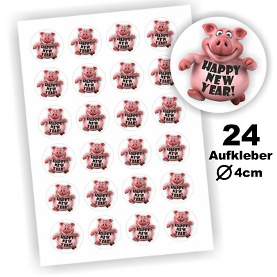 24 Aufkleber Flaschenetikett Happy New Year  Piccolo Silvester Glücksschwein
