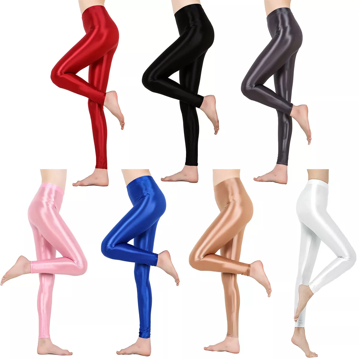 Womens Shiny Glossy Compression Pants Workout Athletic Dance Running Gym  Tights