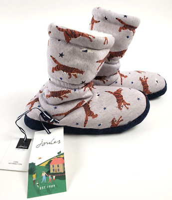 Joules Boy's Slipper Socks Faux Fur Lined Grey Tigers - XL Big Kid Size 4 - 5 US