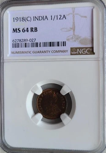 India 1/12 Anna 1918C NGC MS 64 RB