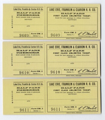 Half Fare First Class 3 Train Tickets 1922 LAKE ERIE Franklin Clarion Railroad