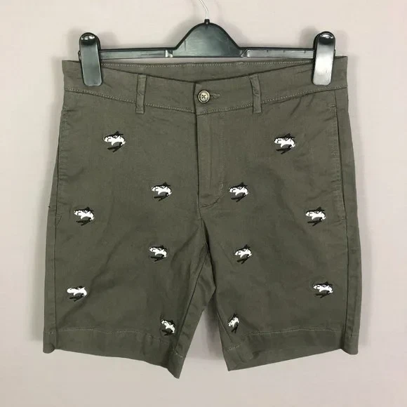 VINTAGE 1946 Mens Embroidered Shark Stretch Chino Shorts in Olive Size 30W