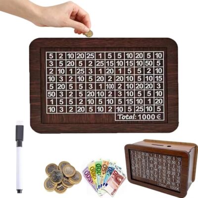 Salvadanaio In Legno Con Obiettivo 1000&euro; - Riutilizzabile | Per Adulti E Bambini