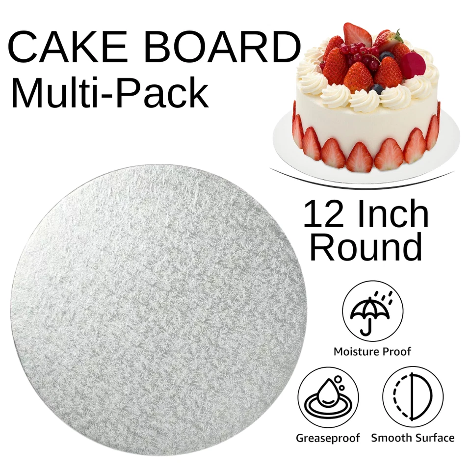 DORIC 12 Inch Round Cake Boards Premium Silver Foil 3mm Double Thick