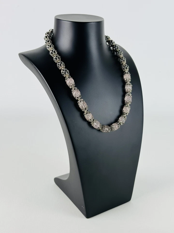 Girocollo Tibetano Collana In Argento E Sfere Quarzo Rosa Gioiello Tibet XX Sec. - Immagine 2 di 4