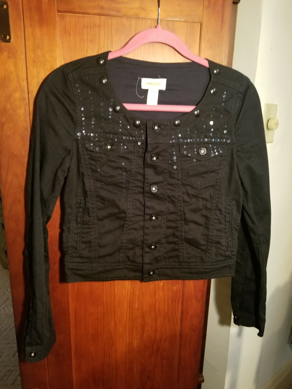DIESEL Cropped  Denim Jacket Black Button Up Bling Sz XS EUC