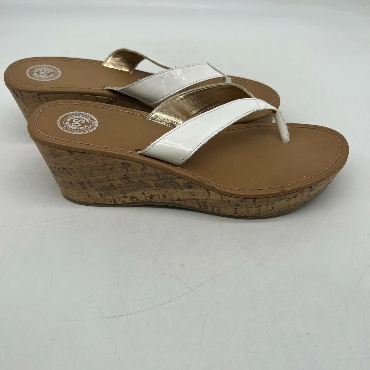 So Womens Cork Wedge Heel Slip On Casual Dotty White Thong Sandals
