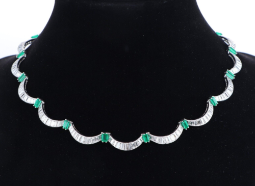 Collana Choker Platino Rotonda Marquise Baguette Diamante Verde Colombiano Smeraldo - Foto 1 di 9