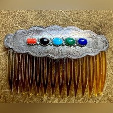 Handmade Vintage Hair Comb by Native American Silver Turquoise Lapis Coral Onyx