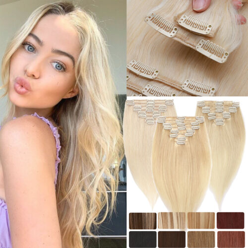 CLEARANCE Seamless Clip In 100% Remy Human Hair Extentions Full Head Weft Ombre - Afbeelding 1 van 51