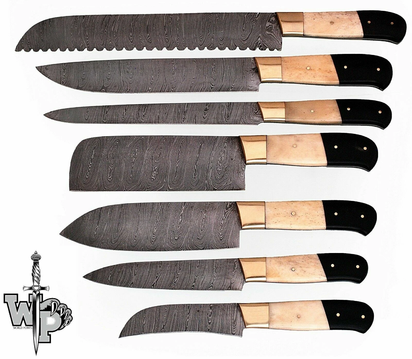 WP-Knives Custom Handmade Damascus Steel Splendid Kitchen Set Knives Lots of 7