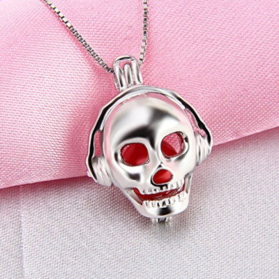 925 Sterling Silver Kool Skeleton Face Pearl Cage Pendant Necklace