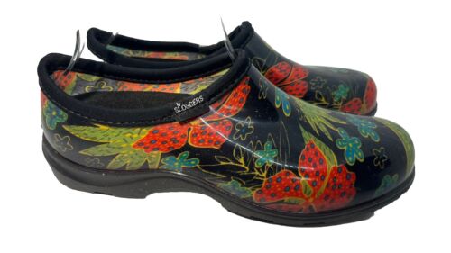 SLOGGERS (Sz 10) Clogs Shoes Garden Black Floral Rubber Waterproof Rain