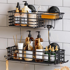 Shower Caddy Suction Cup 2 Pack with Hooks  Soap Holder, Black  Heavy Duty Sho
