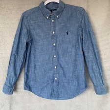 Ralph Lauren Boys L 14-16 Blue Chambray Button Down Long Sleeve Shirt, Pony Logo