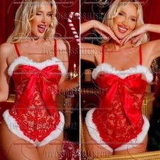 Women's Christmas Sexy Lingerie Xmas Sleepwear Underwear Big Bow Teddy Bodysuit