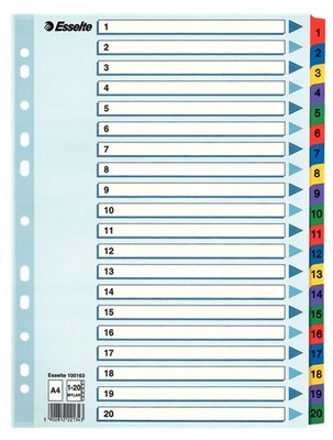 Esselte Mylar-Karton-Trennblatt A4, indexiert 1-20 /20 Karten/ 100163