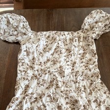 Floral A-Line Dress White Brown Puff Sleeve Smocked Ruffle Square Neck Long