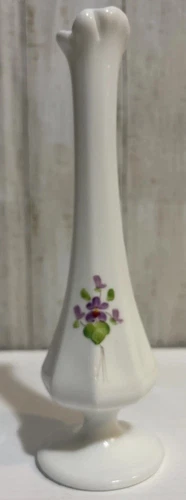 Fenton Milk Glass Swung Bud Vase VTG Hand Painted Violets by Kim Blake - 8" H