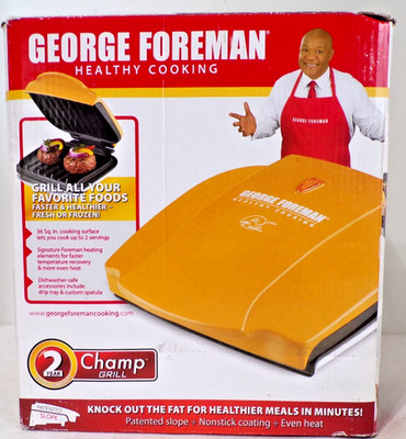 2010 NIB George Forman Champ Grill For Healthy Cooking - Yellow Case - See Below