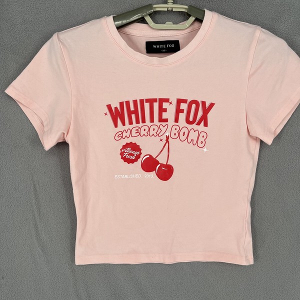 White Fox Top Womens Extra Small Pink Red Cherry Bomb Shirt Crew Short Crop