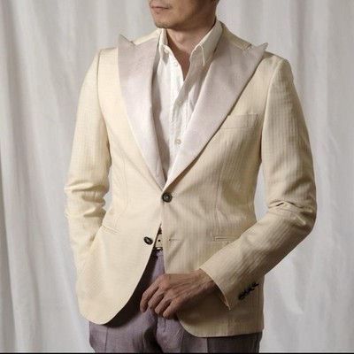 Tonello Peak Lapel Ivory Smoking Jacket Tuxedo Wool Mohair Silk 48 Italy
