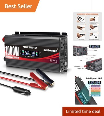 1000W Compact Power Inverter for Vehicle - LCD, 2 AC Outlets, Smart USB Charging