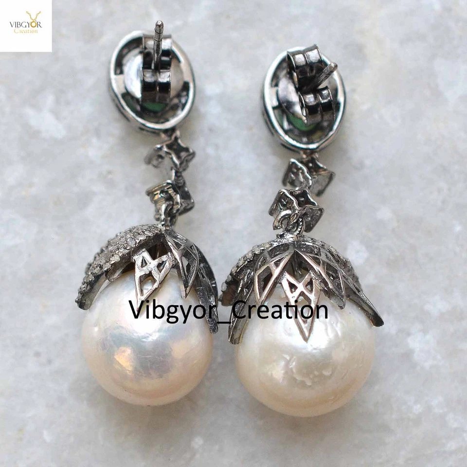 Pendientes de perlas de diamantes pavé de plata de ley 925 esmeralda joyería regalo para esposa Foto 3 de 4