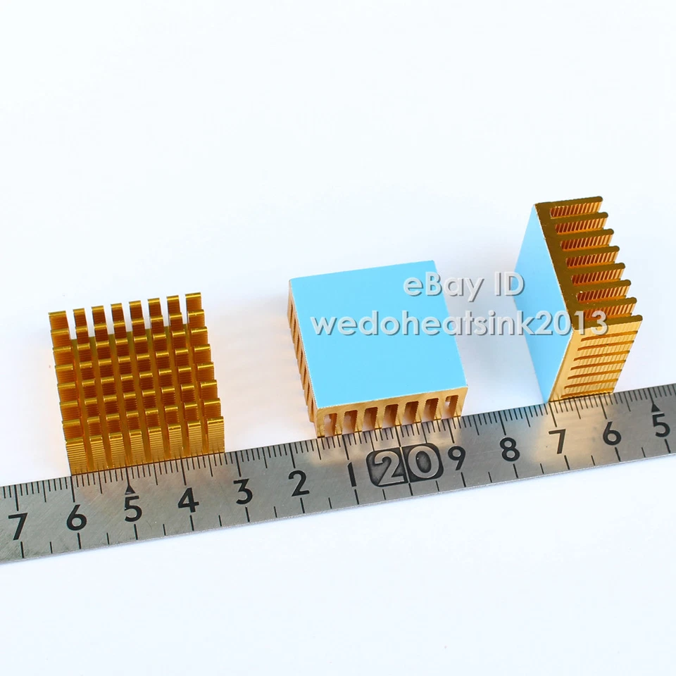 50pcs 28x28x13mm Gold Anodized and Slotted Aluminum Heatsink with Thermal Tape - Image 2 of 4