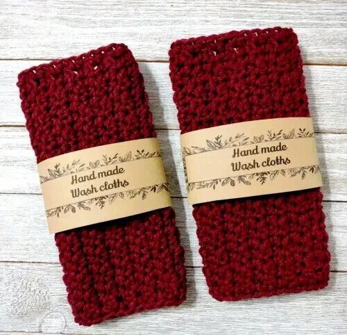 handmade crochet bath wash cloth face spa reusable burgundy maroon 2pc