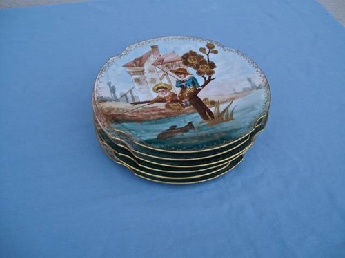 ANTIQUE LIMOGES "BOY & GIRL FISHING" PLATES ( LOT OF 6 ) HEAVY GOLD ACCENTS - Picture 10 of 10