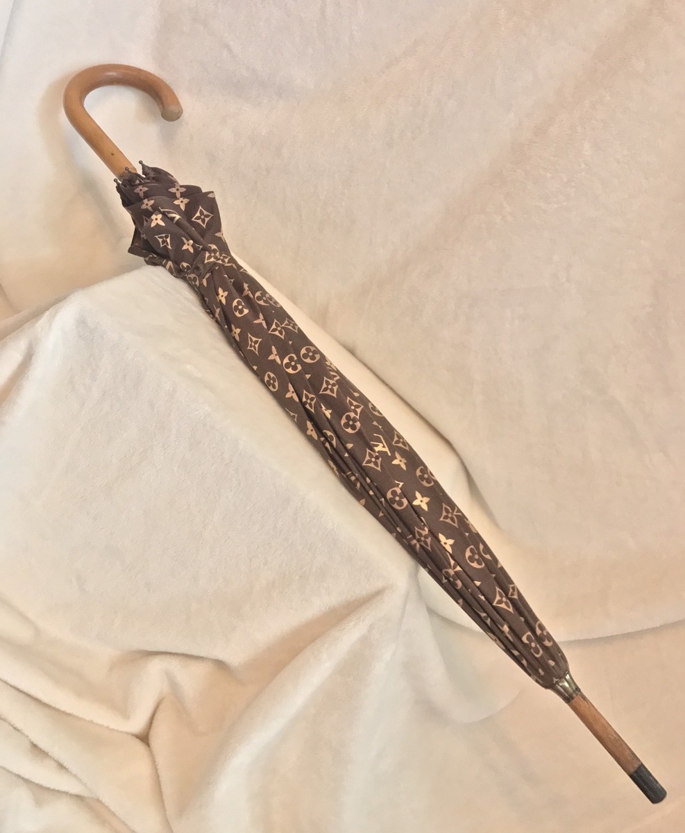 Vintage 1970s LOUIS VUITTON Wood Handle Cotton Fabric Umbrella