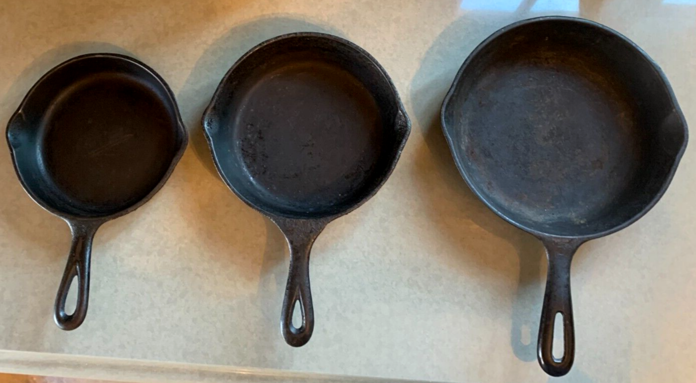Vintage Solid Cast Iron Small Black Skillets Stovetop Pans Drip Edge Lot of 3