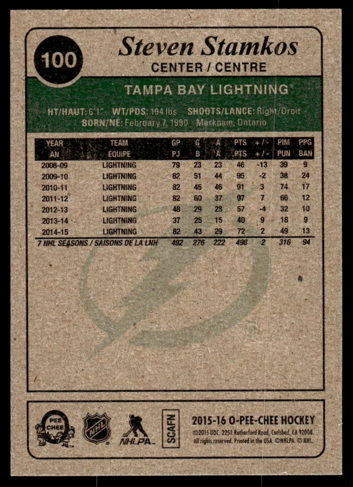 2015-16 O PEE CHEE RETRO Steven Stamkos Tampa Bay Lightning #100 - Image 2 of 2