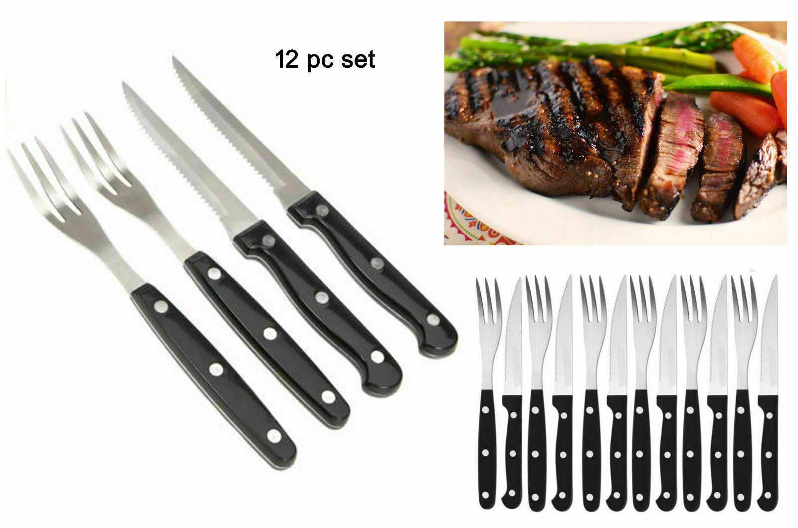 PRIMA 12 PIECE STAINLESS STEEL STEAK KNIFE KNIVES AND FORK SET 13056c