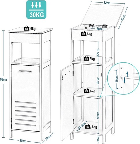 Badezimmerschrank 4 Ebenen Badschrank Badkommode mit Tür Weiß 32x99x30 cm 0211yw - Bild 2 von 6