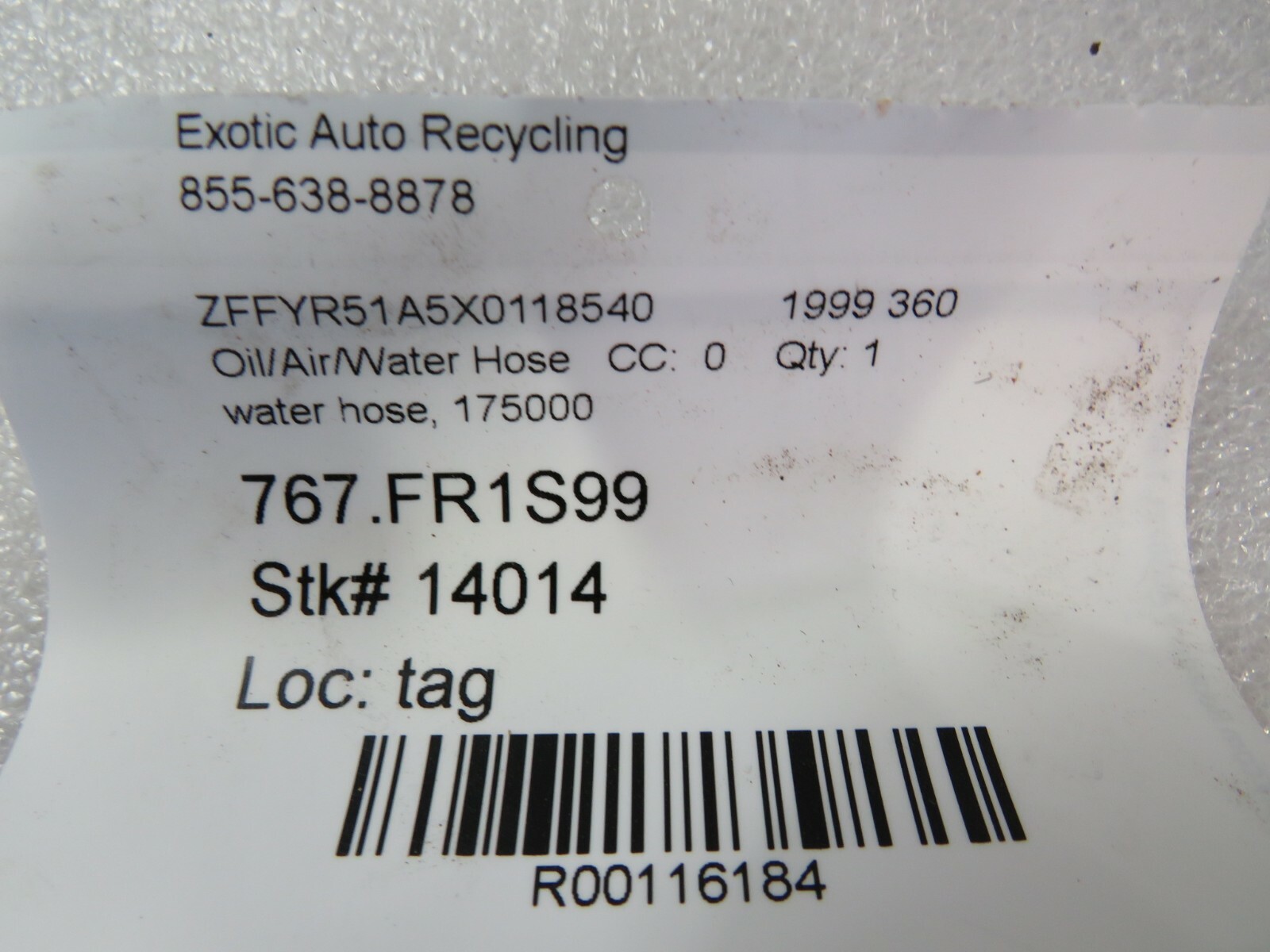 Ferrari 360, Water Hose, Used, P/N 175000