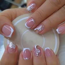 24pc Glitter & Heart White French Press On Push On Stick On Nails