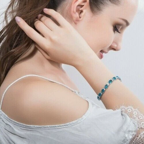 4Ct Oval Simulated Topaz 14K White Gold Plated lovely Tennis Bracelet Women's - Image 3 of 3