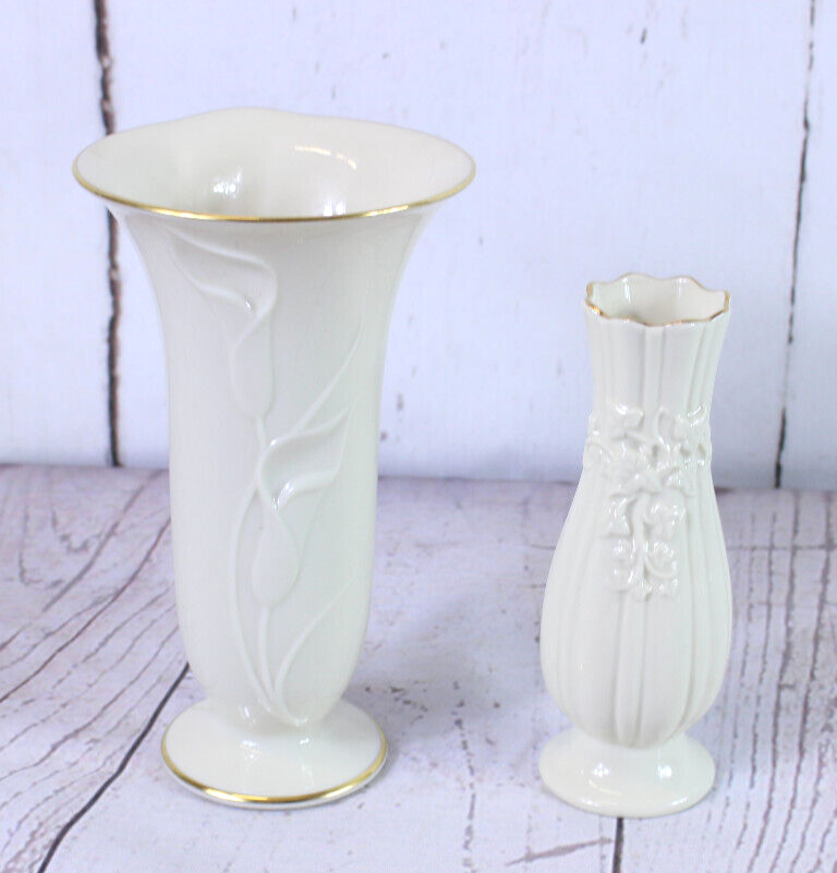 Vintage 1991 LENOX Lilies Of Beauty Vase 7” & Ivory Bud Vase with Gold Trim 6