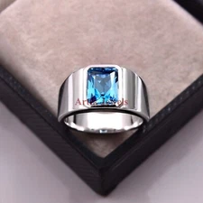 Natural Blue Topaz Gemstone with 925 Sterling Silver Ring For Men's #136