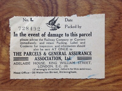 Vintage The Parcels and General Assurance Association Ltd Receipt / Docket.