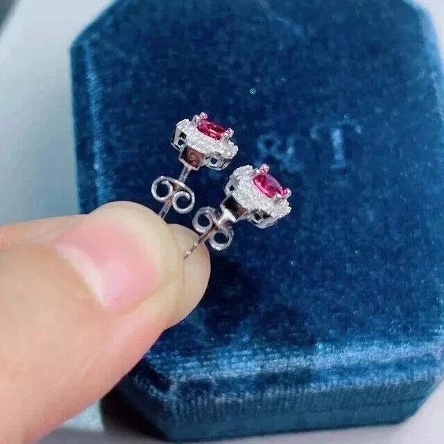 3Ct Round cut Lab Created Diamond Pink Ruby Stud earrings 14K White Gold Plated - Image 2 of 3