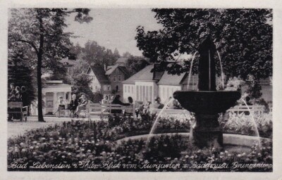 ancient postcard, Bad Liebenstein Thuringia view from the spa garden to the bathhouse 1953 // 36