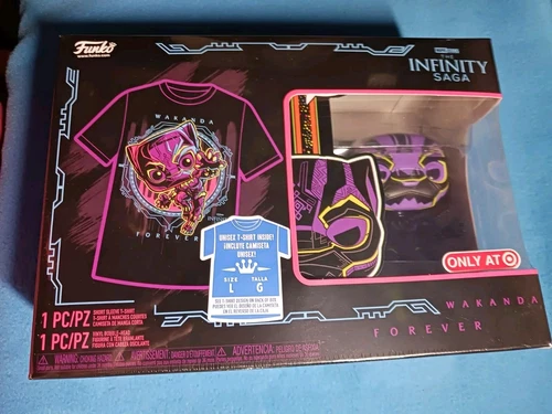 Funko Pop SET☆MARVEL Infinity Saga BLACKLIGHT BLACK PANTHER #891 & T-Shirt (L)