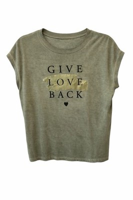 Give Love Back Graphic T-Shirt Womens S Sage Green Minimalist Tee Soft Casual