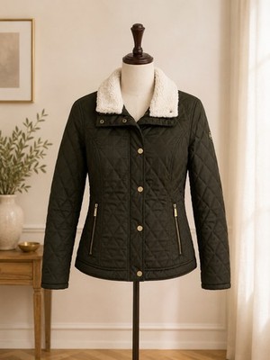 Michael Kors Quilted Jacket Small Olive Sherpa Collar Brushed Antique Goldtone