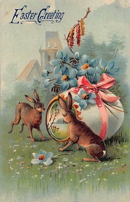 EMBOSSED EASTER PC ~ 2 RABBITS LOOK AT LARGE EGG,  Pub. A.S.B. #362 ~ 1910s