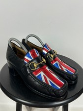 Mocasines para mujer Gucci de cuero negro Union Jack de tacón de caballo talla 38,5 EUR