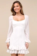 Lulus Gorgeous Expertise Ruffled Long Sleeve Mini Dress White Medium